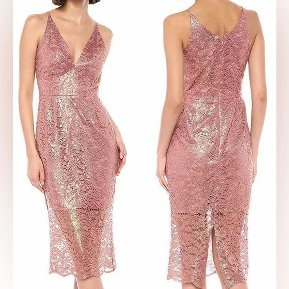 Dress the Population Mauve Gold Lace Leilani Illusion Hem Midi Dress • Size XL - Picture 1 of 16
